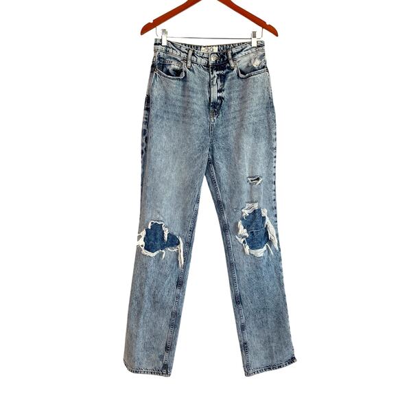 We The Free Free People Hi Rise Distress Straight Acid Wash Jeans Size 29 Rigid - Picture 1 of 10